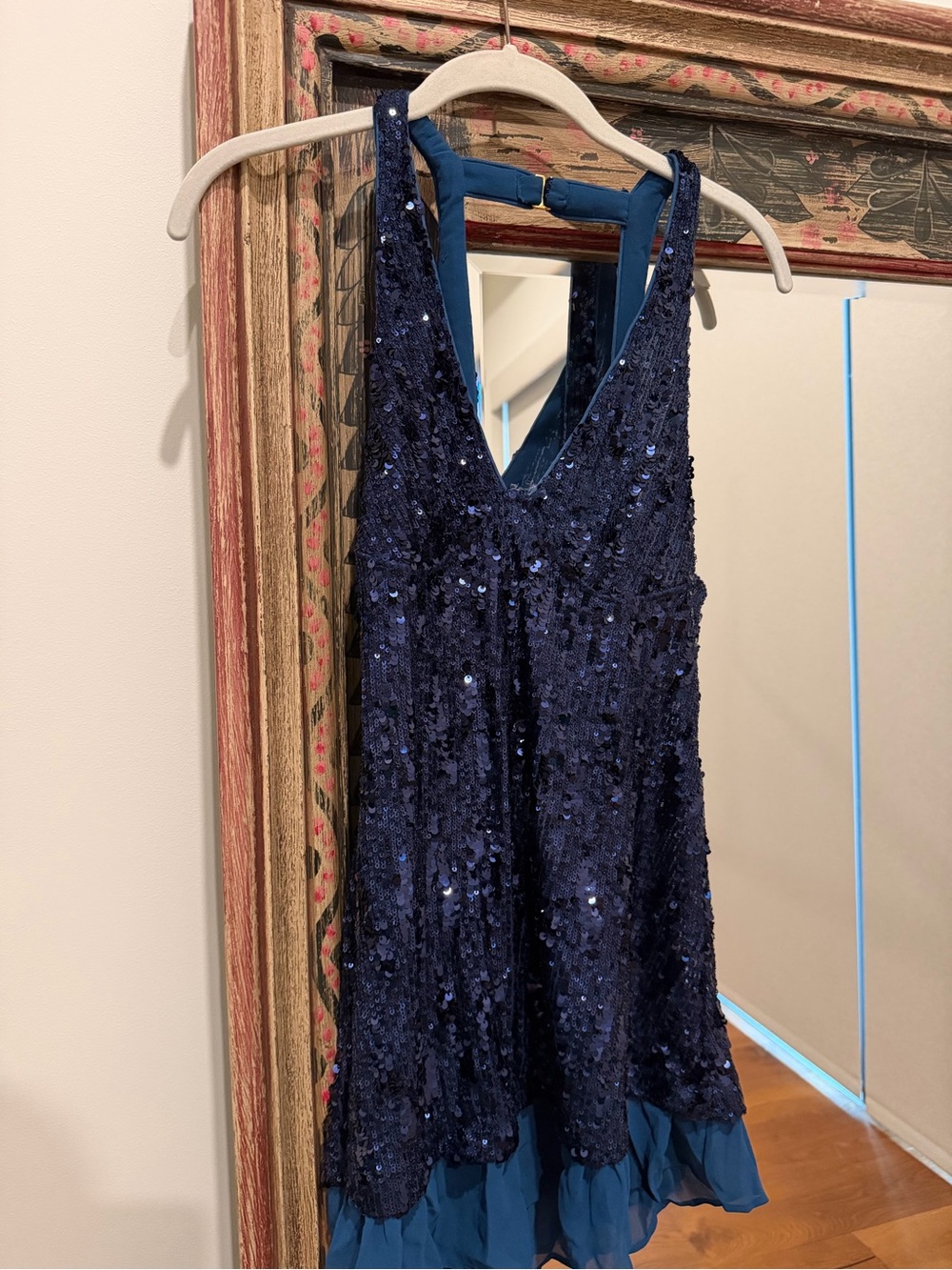 Free People Navy Blue Sequin V-Neck Mini Dress